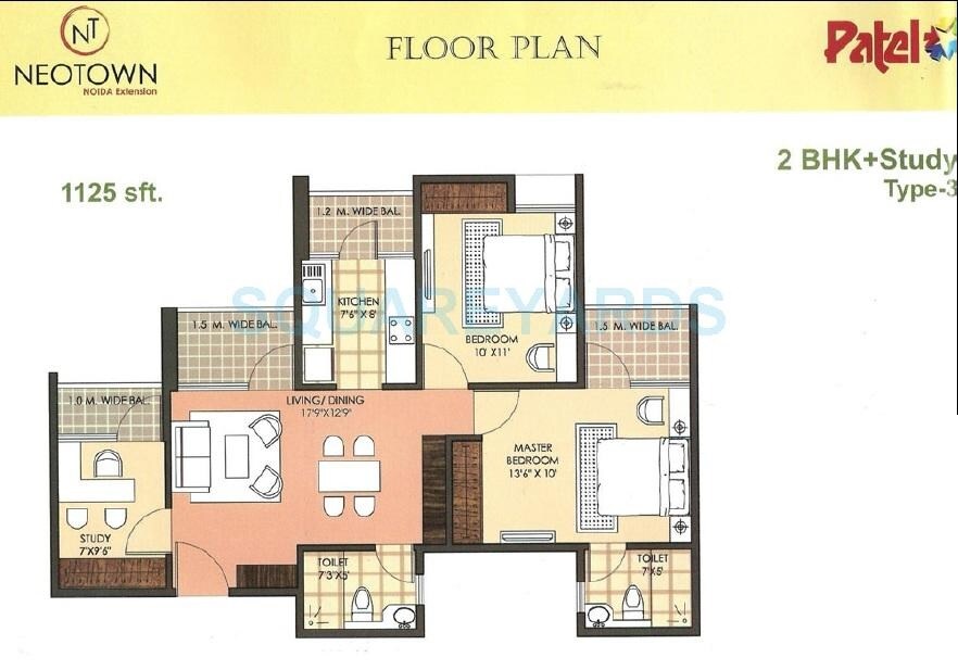 Floor plan of 2 BHK 1125 Sq. Ft. Apartment in Mascot Patel Neotown, Greater Noida