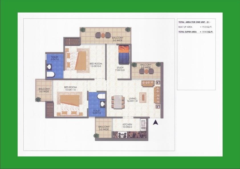 Floor plan of 2 BHK 1190 Sq. Ft. Apartment in Mascot Soho Sports City, Greater Noida