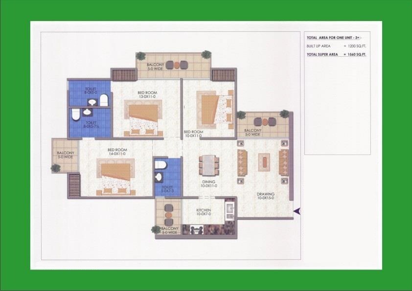 Floor plan of 3 BHK 1560 Sq. Ft. Apartment in Mascot Soho Sports City, Greater Noida