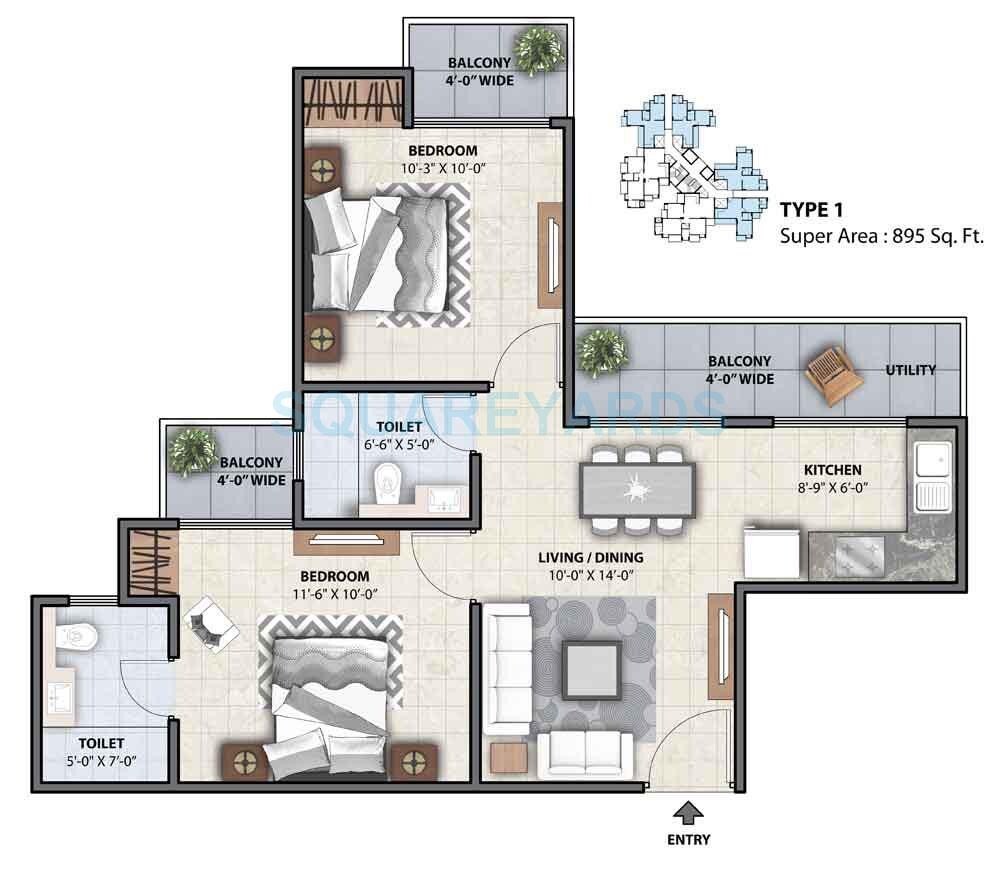Floor plan of 2 BHK 895 Sq. Ft. Apartment in Miglani Supercity Myfair Residency, Greater Noida