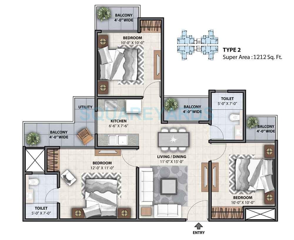 Floor plan of 3 BHK 1212 Sq. Ft. Apartment in Miglani Supercity Myfair Residency, Greater Noida