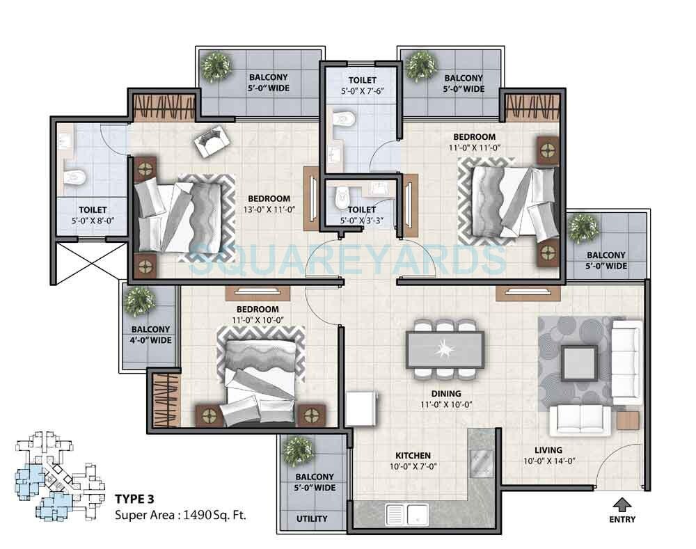 Floor plan of 3 BHK 1490 Sq. Ft. Apartment in Miglani Supercity Myfair Residency, Greater Noida