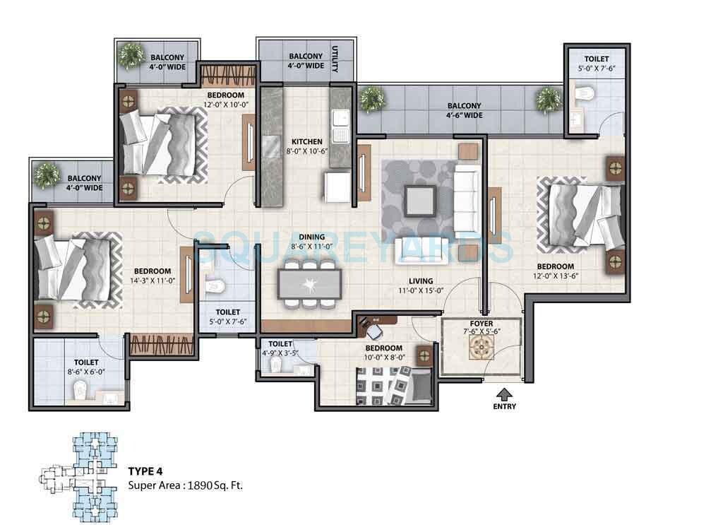 Floor plan of 4 BHK 1890 Sq. Ft. Apartment in Miglani Supercity Myfair Residency, Greater Noida