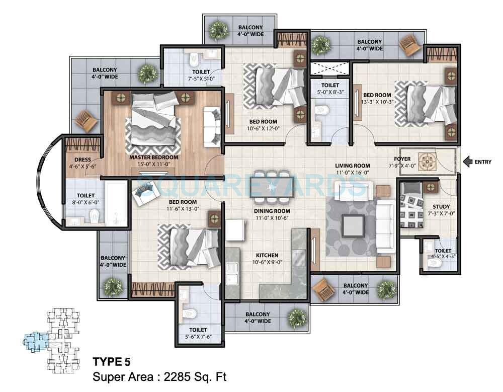 Floor plan of 4 BHK 2285 Sq. Ft. Apartment in Miglani Supercity Myfair Residency, Greater Noida