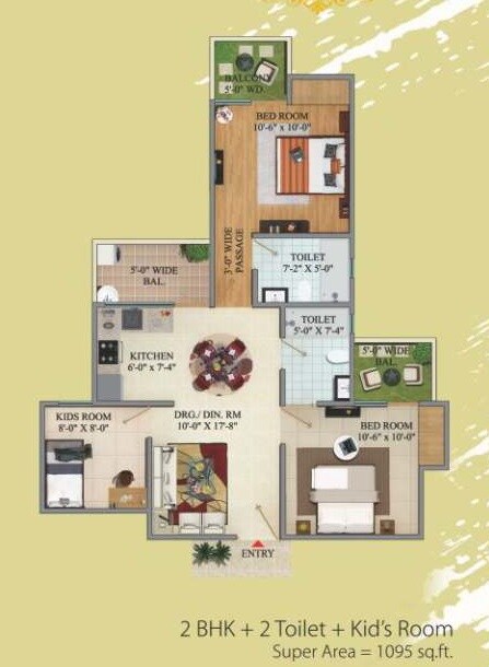 Floor plan of 2 BHK 1095 Sq. Ft. Apartment in Migsun Green Mansion, Greater Noida