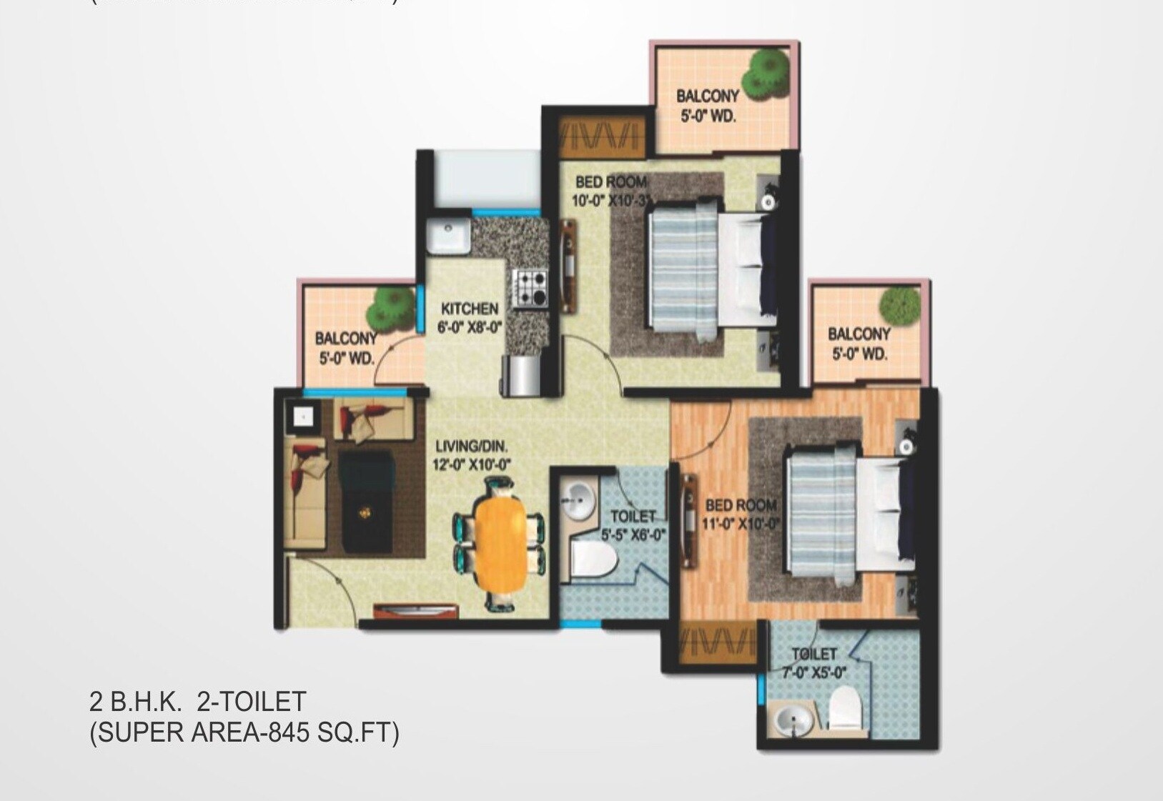 Floor plan of 2 BHK 845 Sq. Ft. Apartment in MIgsun Mannat, Greater Noida