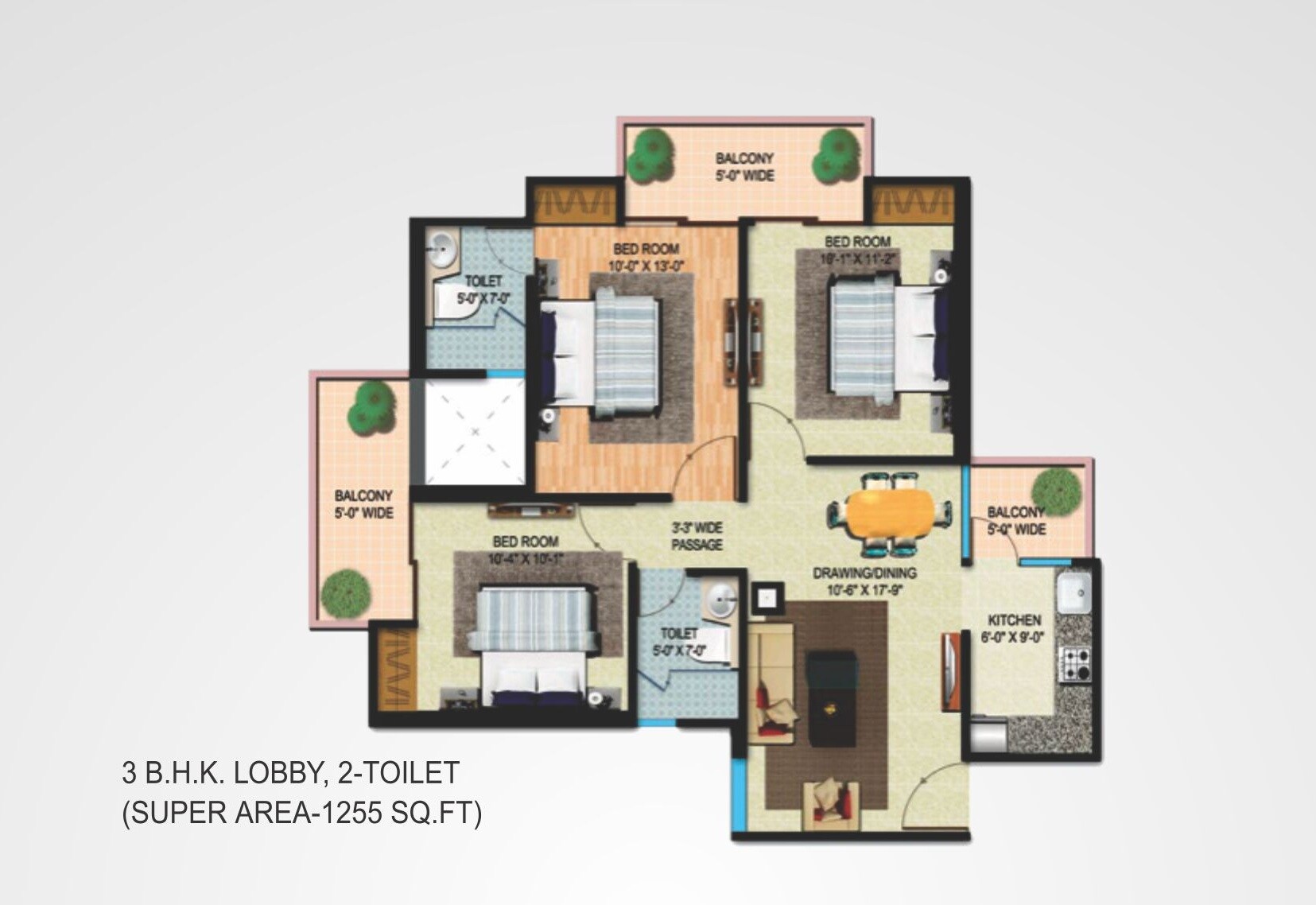 Floor plan of 3 BHK 1255 Sq. Ft. Apartment in MIgsun Mannat, Greater Noida