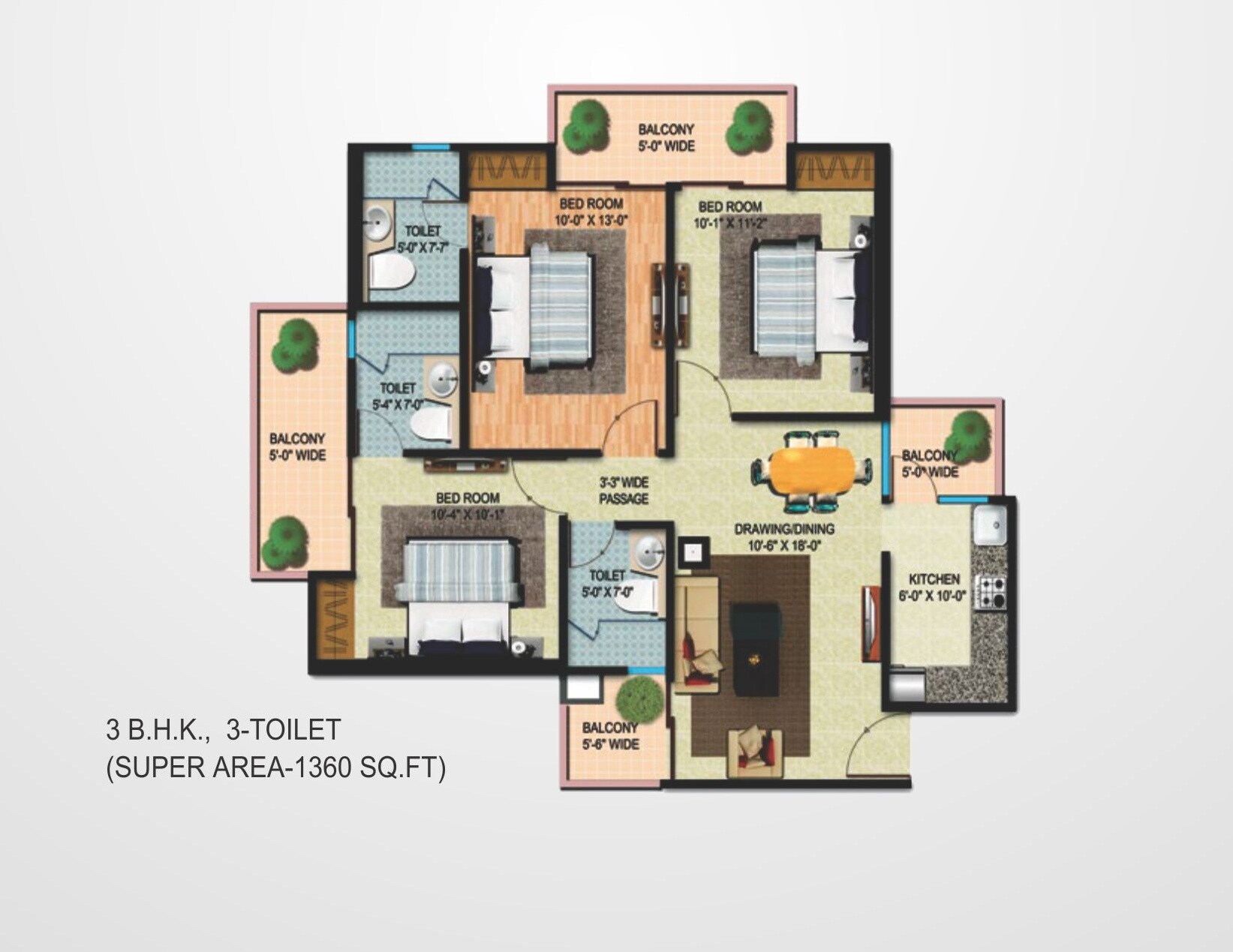 Floor plan of 3 BHK 1360 Sq. Ft. Apartment in MIgsun Mannat, Greater Noida