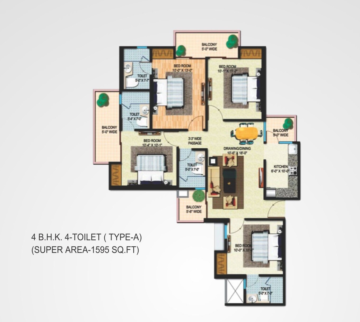 Floor plan of 4 BHK 1595 Sq. Ft. Apartment in MIgsun Mannat, Greater Noida