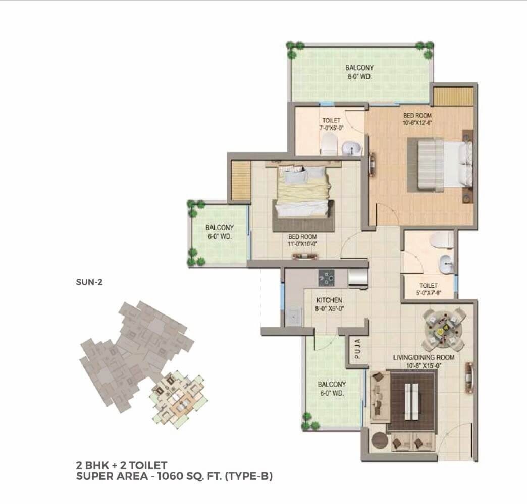 Floor plan of 2 BHK 1060 Sq. Ft. Apartment in Migsun Twiinz, Greater Noida