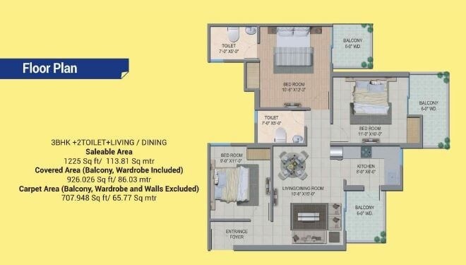 Floor plan of 2 BHK 1225 Sq. Ft. Apartment in Migsun Twiinz, Greater Noida
