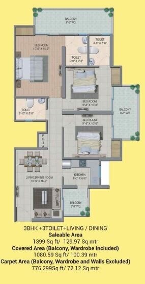 Floor plan of 3 BHK 1399 Sq. Ft. Apartment in Migsun Twiinz, Greater Noida