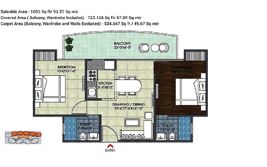 Floor plan of 2 BHK 1005 Sq. Ft. Apartment in Migsun Ultimo, Greater Noida