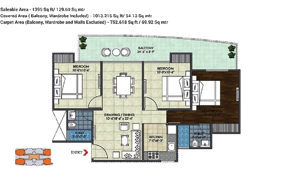 Floor plan of 3 BHK 1395 Sq. Ft. Apartment in Migsun Ultimo, Greater Noida