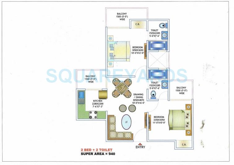 Floor plan of 2 BHK 940 Sq. Ft. Apartment in Morpheus Pratiksha, Greater Noida