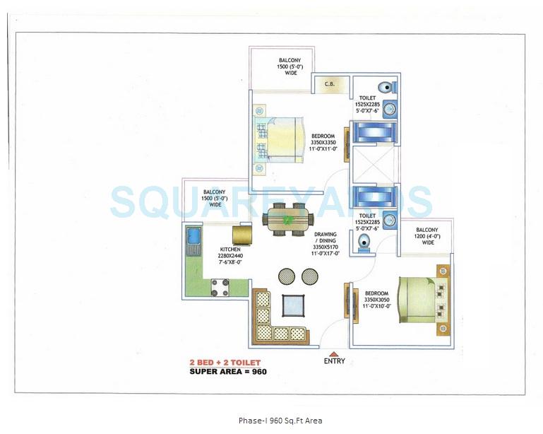 Floor plan of 2 BHK 960 Sq. Ft. Apartment in Morpheus Pratiksha, Greater Noida