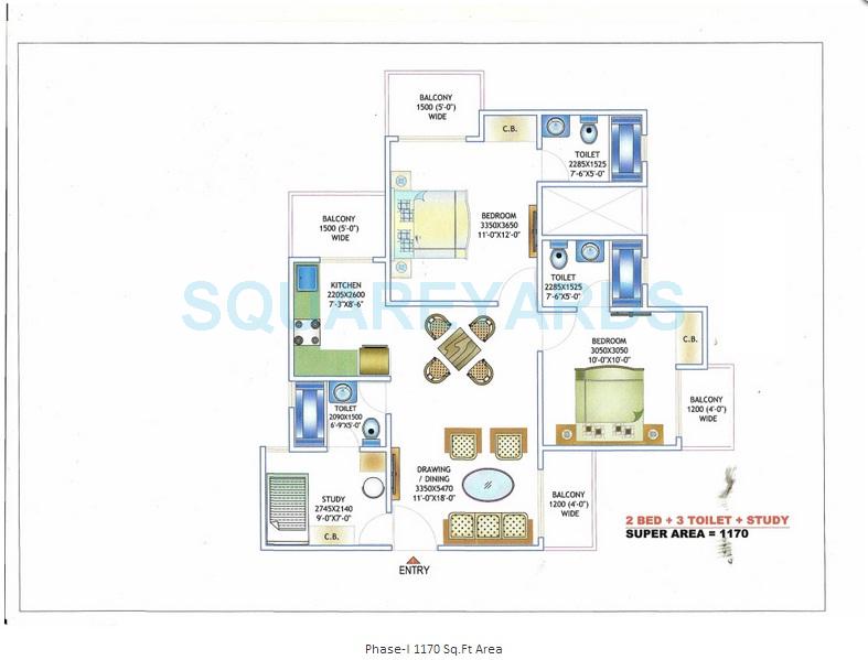 Floor plan of 2 BHK 1170 Sq. Ft. Apartment in Morpheus Pratiksha, Greater Noida