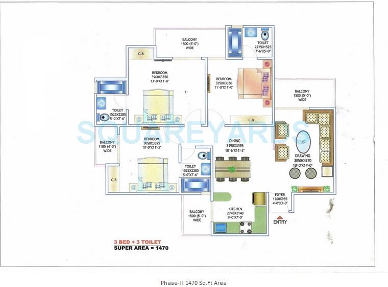 Floor plan of 3 BHK 1470 Sq. Ft. Apartment in Morpheus Pratiksha, Greater Noida