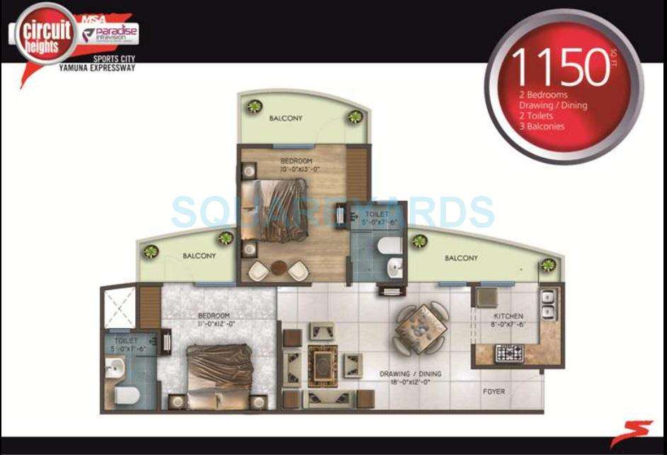 2 BHK 1150 Sq. Ft. Apartment in MSA Circuit Heights