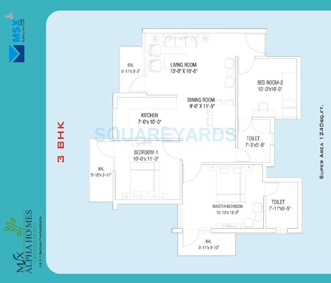 Floor plan of 3 BHK 1240 Sq. Ft. Apartment in MSX Alpha Homes, Greater Noida