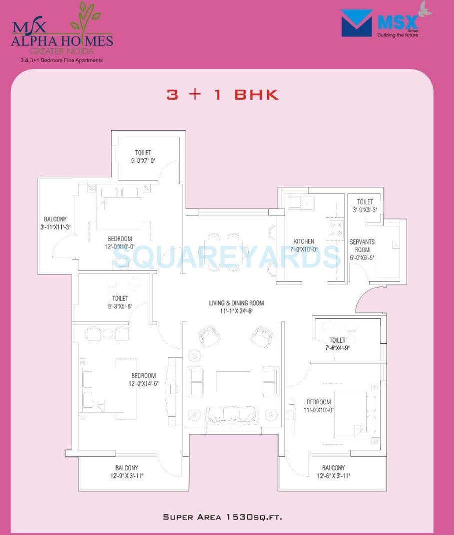 Floor plan of 3 BHK 1530 Sq. Ft. Apartment in MSX Alpha Homes, Greater Noida