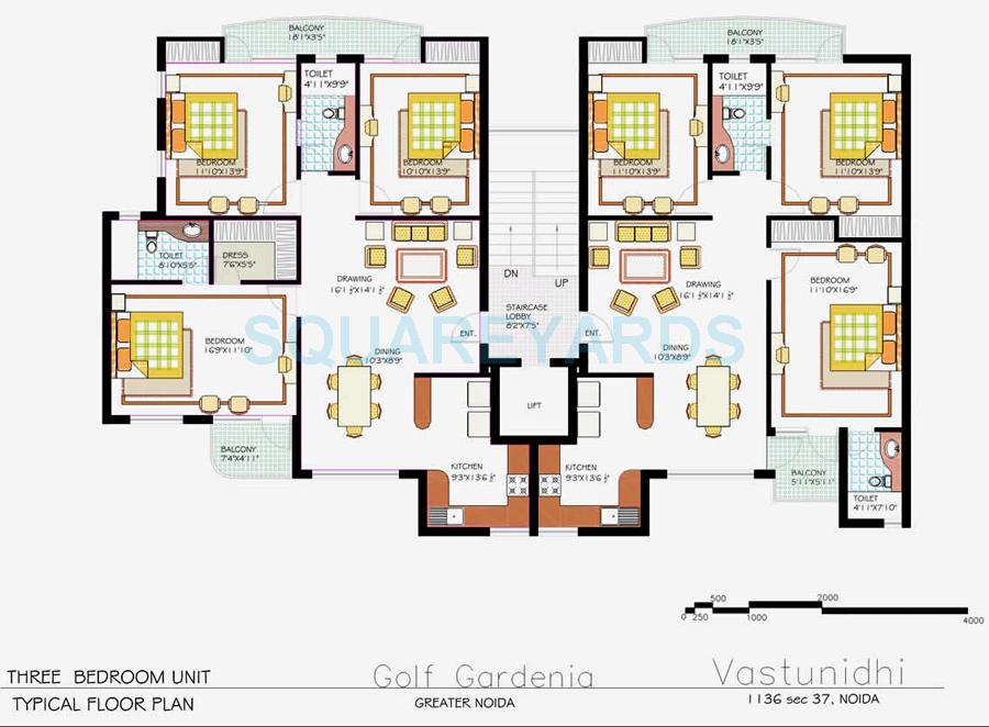 Floor plan of 3 BHK 1625 Sq. Ft. Apartment in MSA Golf Gardenia, Greater Noida