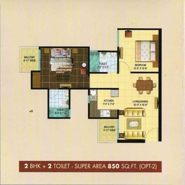 Floor plan of 2 BHK 850 Sq. Ft. Apartment in NBCC Aspire Enchante, Greater Noida