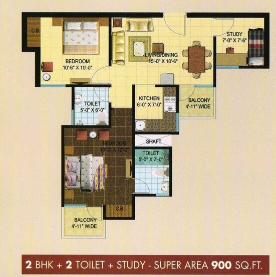 Floor plan of 2 BHK 900 Sq. Ft. Apartment in NBCC Aspire Enchante, Greater Noida