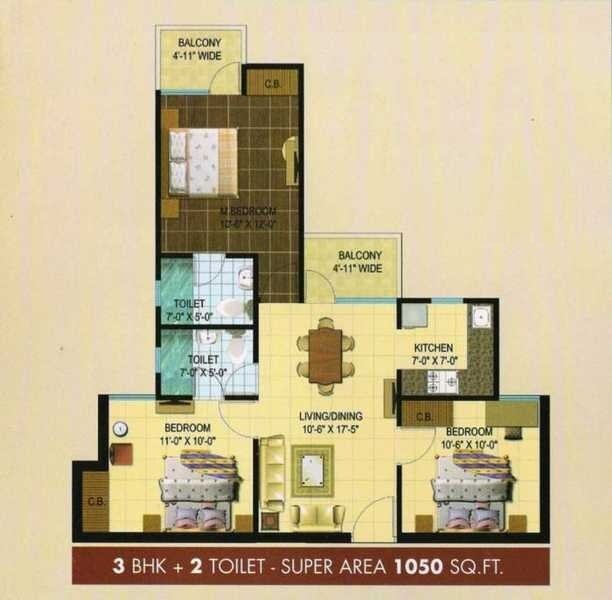 Floor plan of 3 BHK 1050 Sq. Ft. Apartment in NBCC Aspire Enchante, Greater Noida
