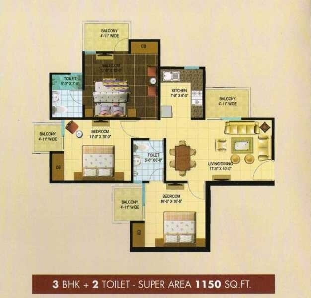 Floor plan of 3 BHK 1150 Sq. Ft. Apartment in NBCC Aspire Enchante, Greater Noida