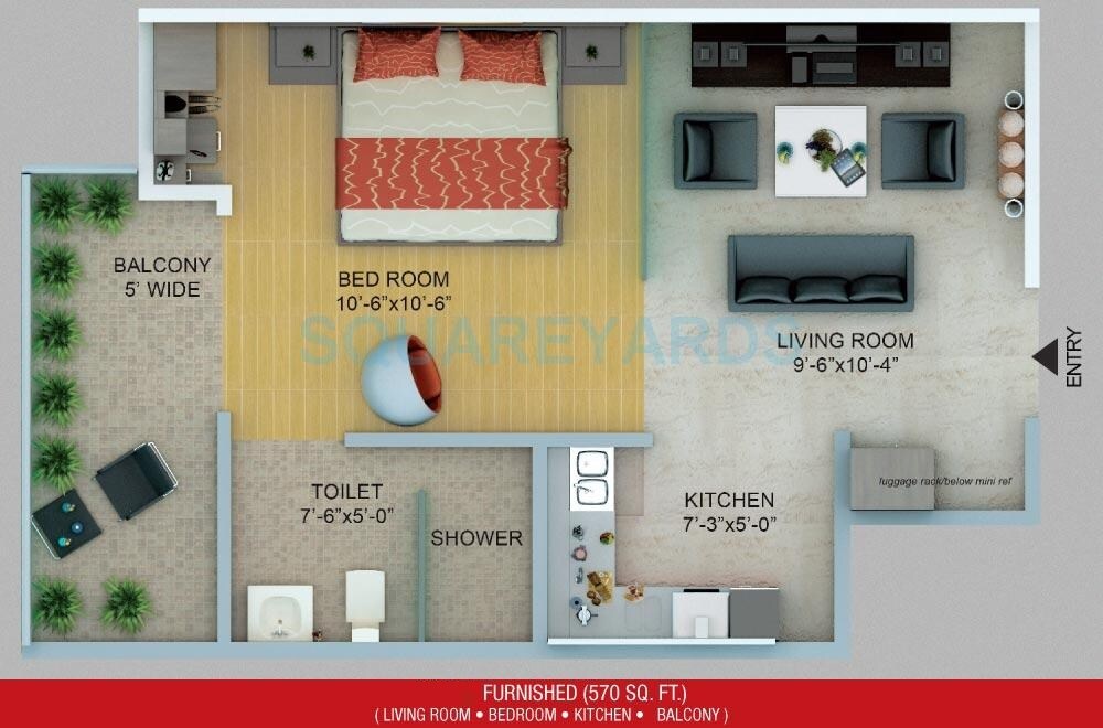 Floor plan of 1 BHK 570 Sq. Ft. Apartment in NCR Auriel Towne, Greater Noida