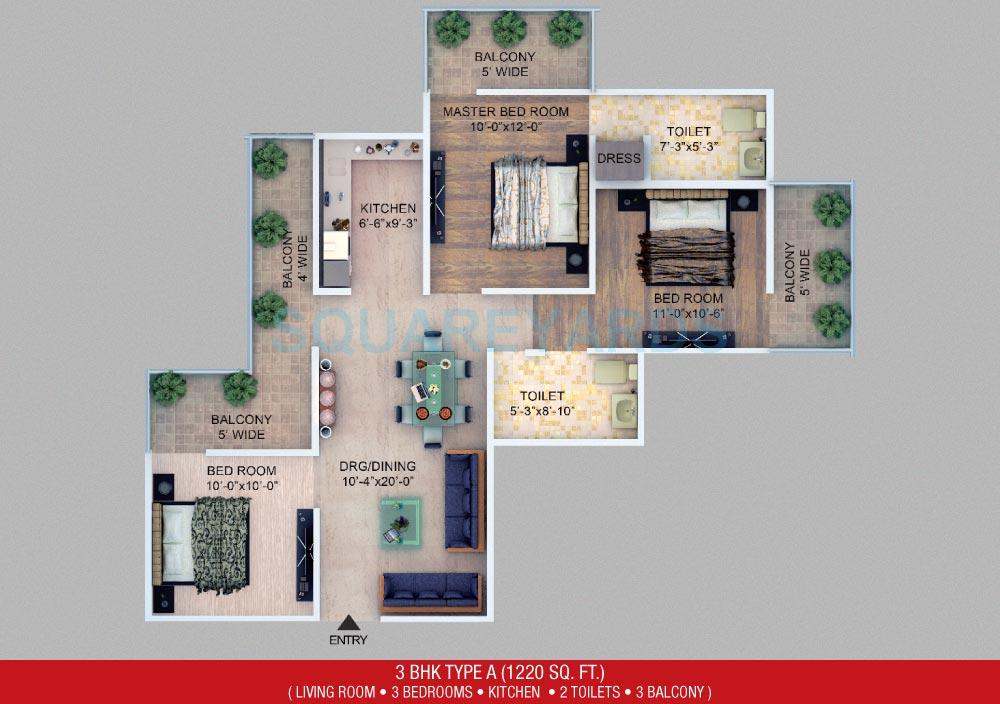 Floor plan of 3 BHK 1220 Sq. Ft. Apartment in NCR Auriel Towne, Greater Noida