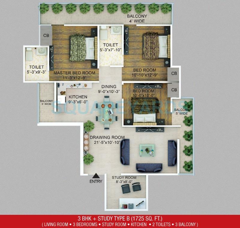 Floor plan of 3 BHK 1725 Sq. Ft. Apartment in NCR Auriel Towne, Greater Noida