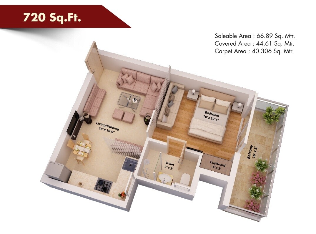 Floor plan of 1 BHK 720 Sq. Ft. Apartment in NCR Monarch, Greater Noida