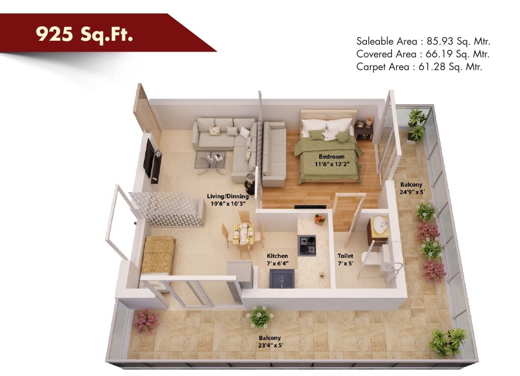 Floor plan of 1 BHK 925 Sq. Ft. Apartment in NCR Monarch, Greater Noida