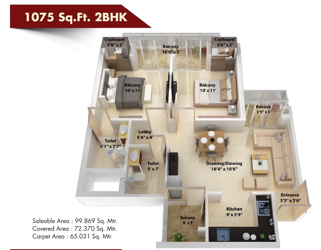 Floor plan of 2 BHK 1075 Sq. Ft. Apartment in NCR Monarch, Greater Noida