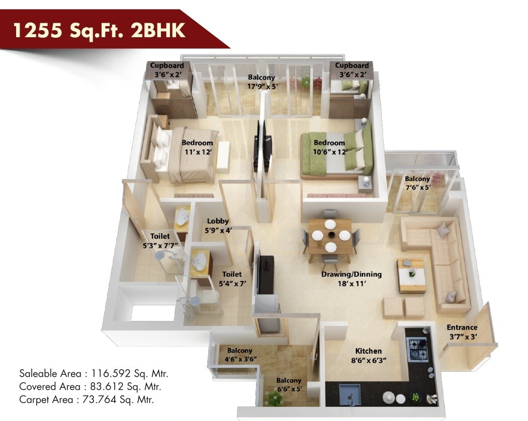 Floor plan of 2 BHK 1255 Sq. Ft. Apartment in NCR Monarch, Greater Noida