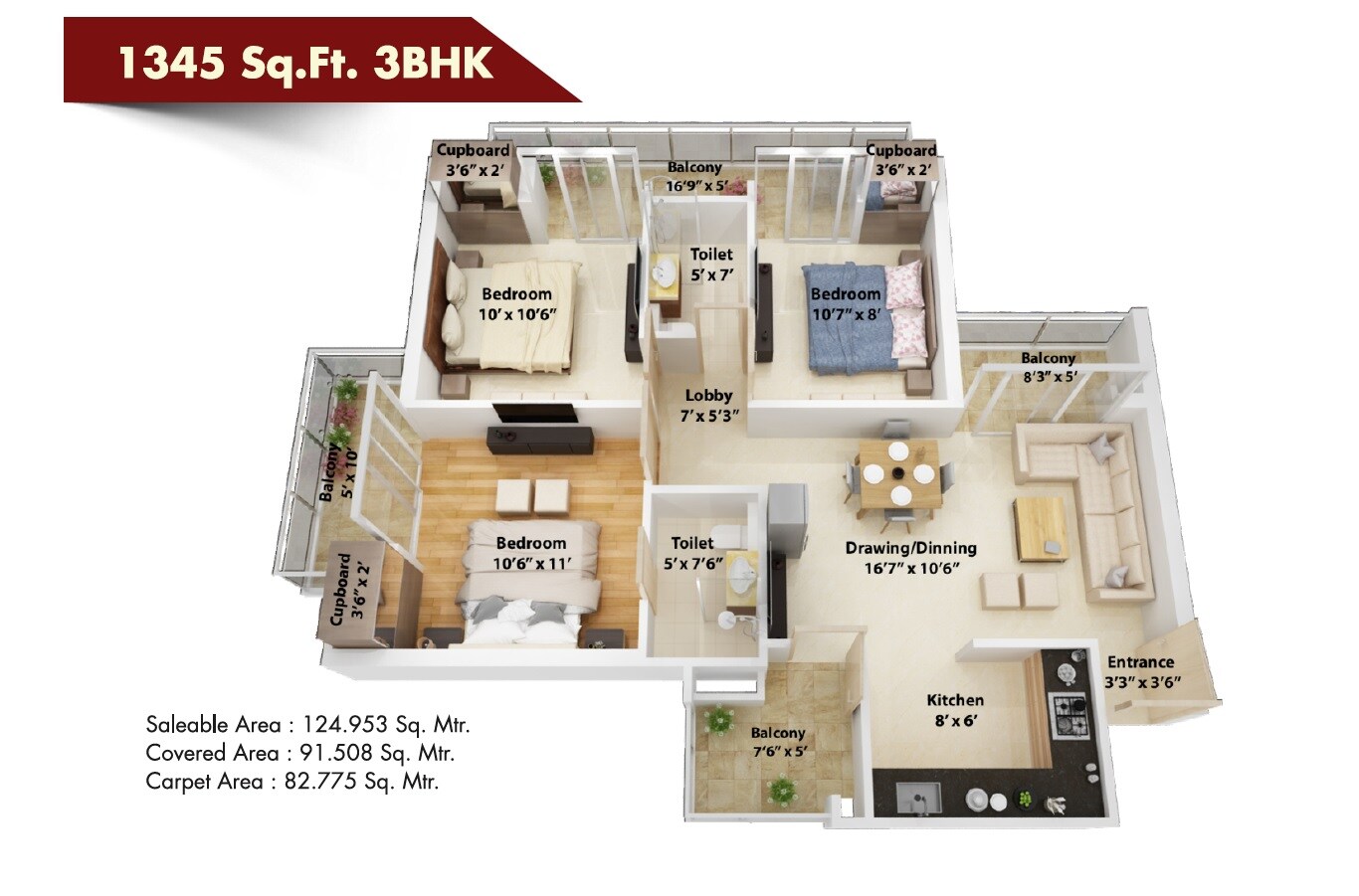 Floor plan of 3 BHK 1345 Sq. Ft. Apartment in NCR Monarch, Greater Noida