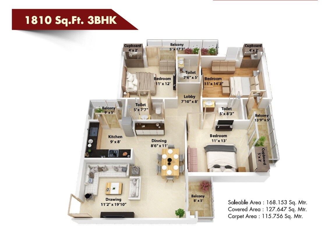 Floor plan of 3 BHK 1810 Sq. Ft. Apartment in NCR Monarch, Greater Noida