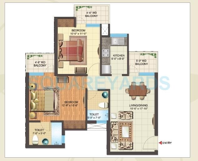 Floor plan of 2 BHK 1057 Sq. Ft. Apartment in Nimbus Express Park View - II, Greater Noida