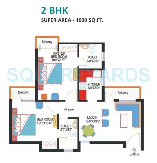 Floor plan of 2 BHK 1000 Sq. Ft. Apartment in Nimbus Express Park View, Greater Noida