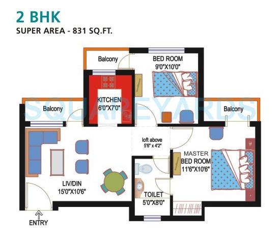Floor plan of 2 BHK 831 Sq. Ft. Apartment in Nimbus Express Park View, Greater Noida