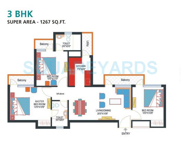 Floor plan of 3 BHK 1267 Sq. Ft. Apartment in Nimbus Express Park View, Greater Noida