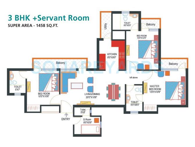 Floor plan of 3 BHK 1458 Sq. Ft. Apartment in Nimbus Express Park View, Greater Noida