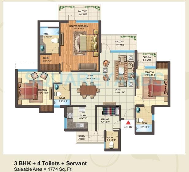 Floor plan of 3 BHK 1774 Sq. Ft. Apartment in Nimbus Express Park View - II, Greater Noida