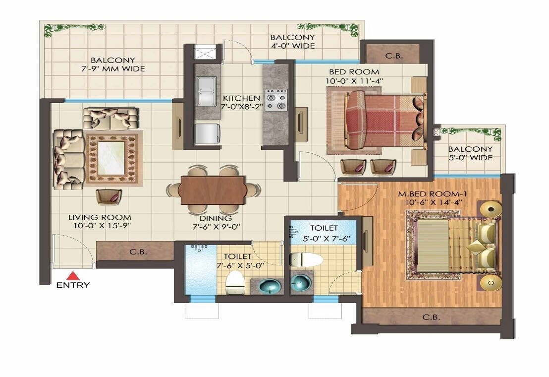 Floor plan of 2 BHK 1292 Sq. Ft. Apartment in Nimbus The Express Park View II, Greater Noida