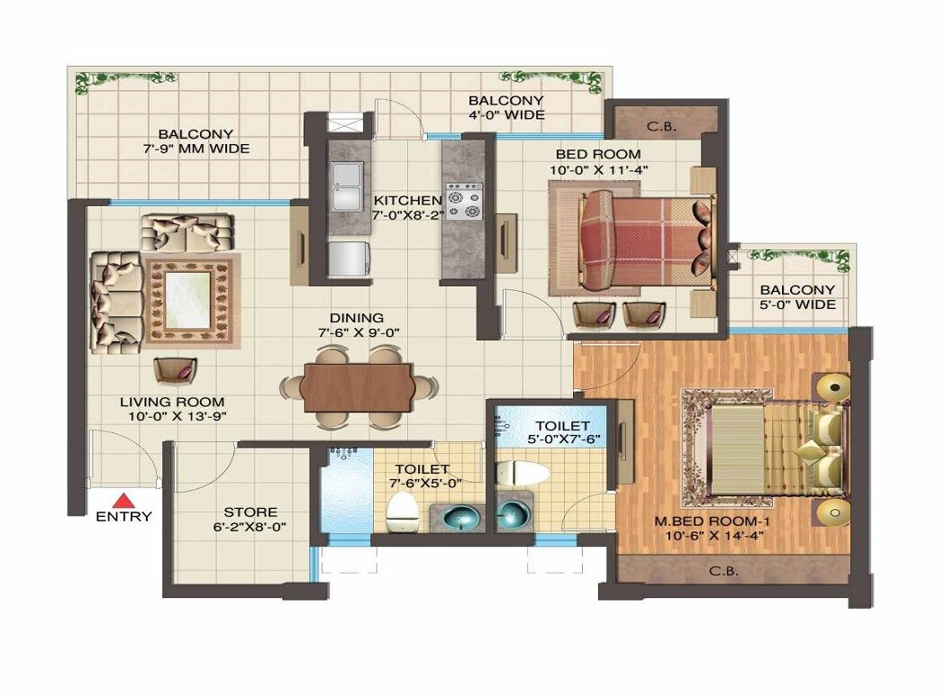 Floor plan of 2 BHK 1228 Sq. Ft. Apartment in Nimbus The Express Park View II, Greater Noida