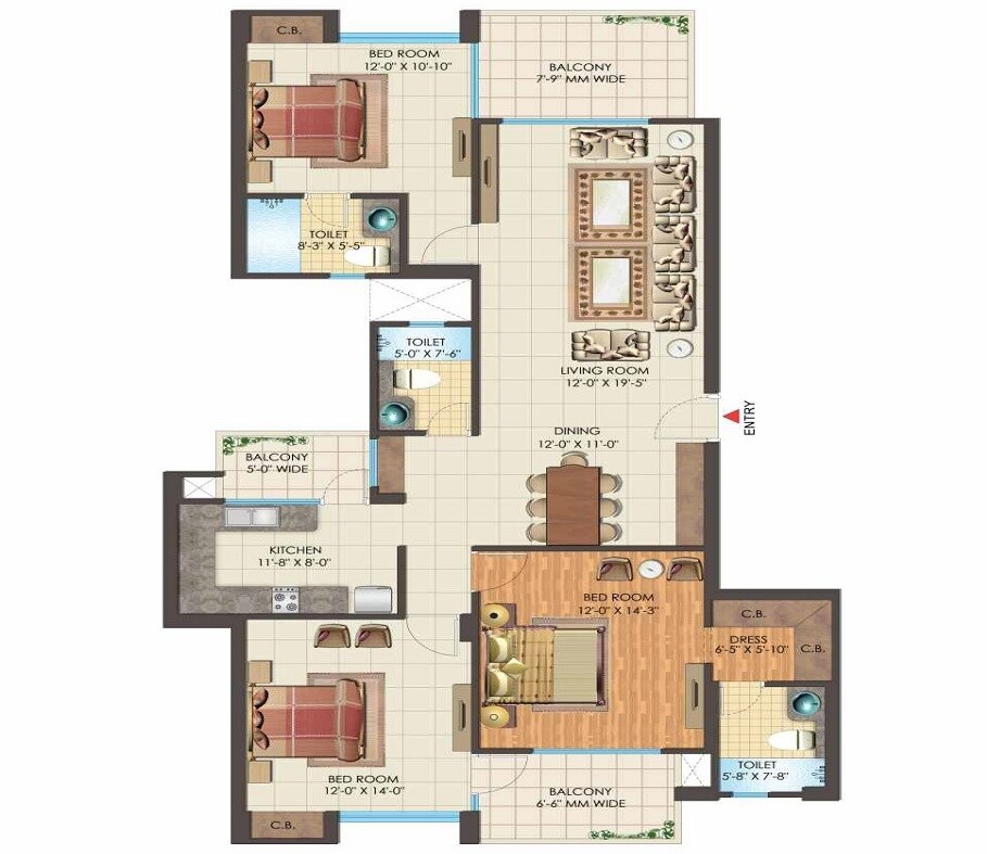 Floor plan of 3 BHK 2100 Sq. Ft. Apartment in Nimbus The Express Park View II, Greater Noida