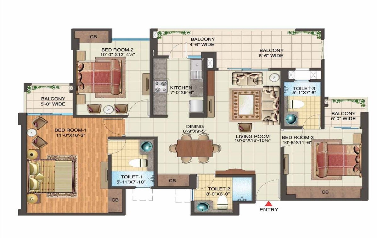 Floor plan of 3 BHK 1632 Sq. Ft. Apartment in Nimbus The Express Park View II, Greater Noida