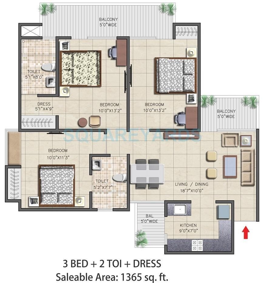 Floor plan of 3 BHK 1365 Sq. Ft. Apartment in Nirala Aspire, Greater Noida